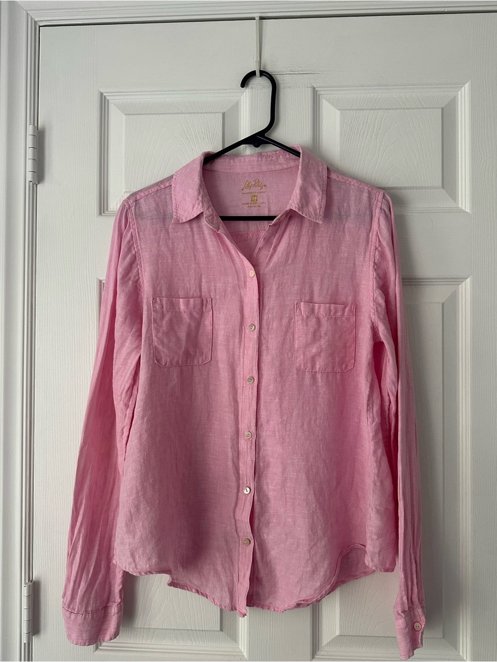 Lilly Pulitzer Sea View Pink Button Down shirt top Medium Linen M